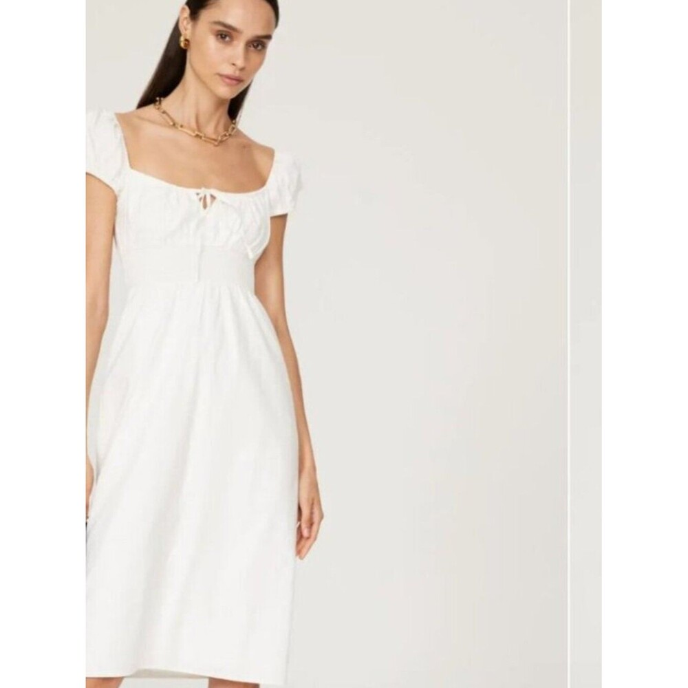 REFORMATION Dress Arna White Keyhole Tie Front Smocked Cottagecore Cotton midi 6 - Picture 8 of 11